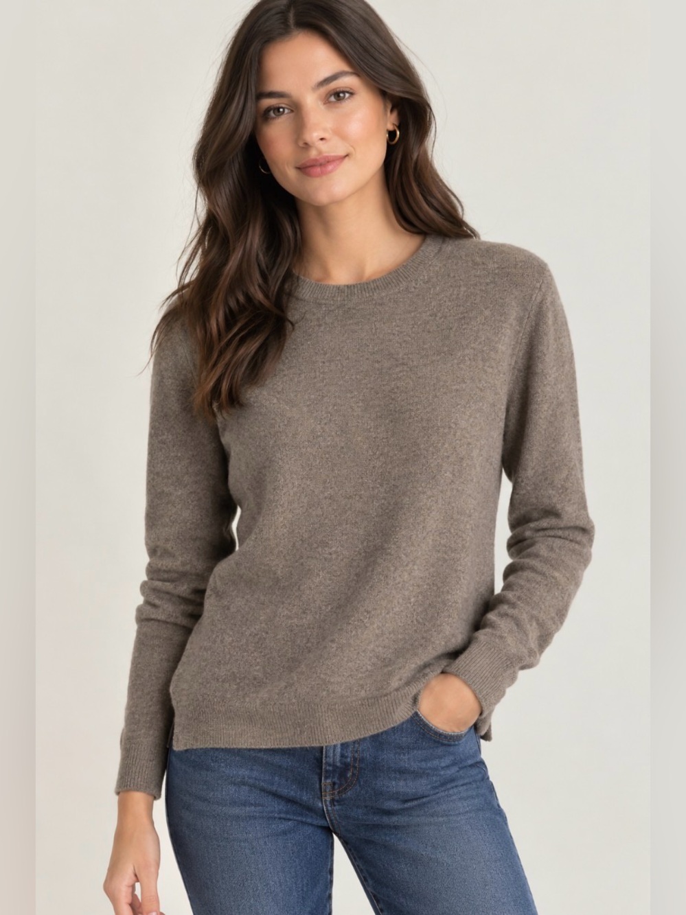 Tahari 100% 2-Ply Cashmere Crewneck Sweater – Size Large – Taupe / Heather Brown